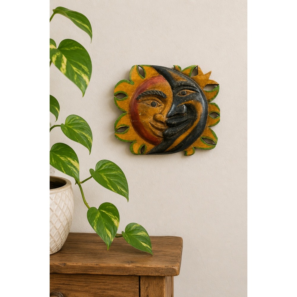 Vintage Hand Carved Wooden Sun Moon Wall Decor Celestial Face Folk Art Sculpture